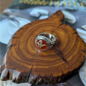 Ann King sterling silver 18k gold red Carnelian Fleur De Lis signet ring